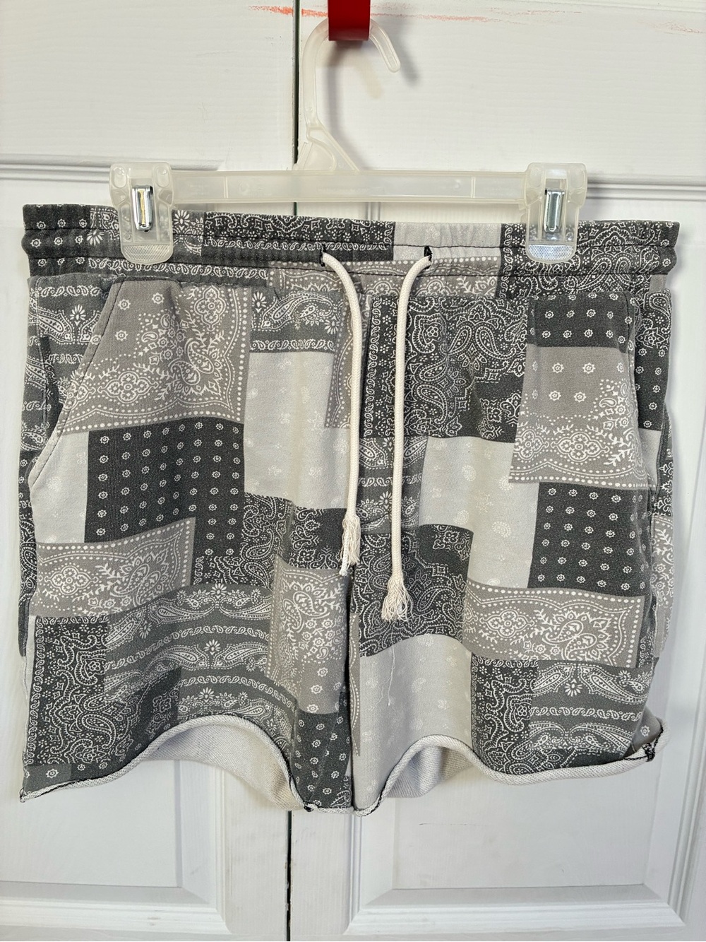 Original Use Gray & White Bandana Patchwork Jogger Shorts - Medium - Unisex